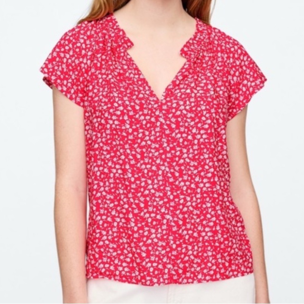 Gap pink floral split neck blouse
